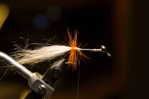 Palmer the orange hackle forward and tie off.